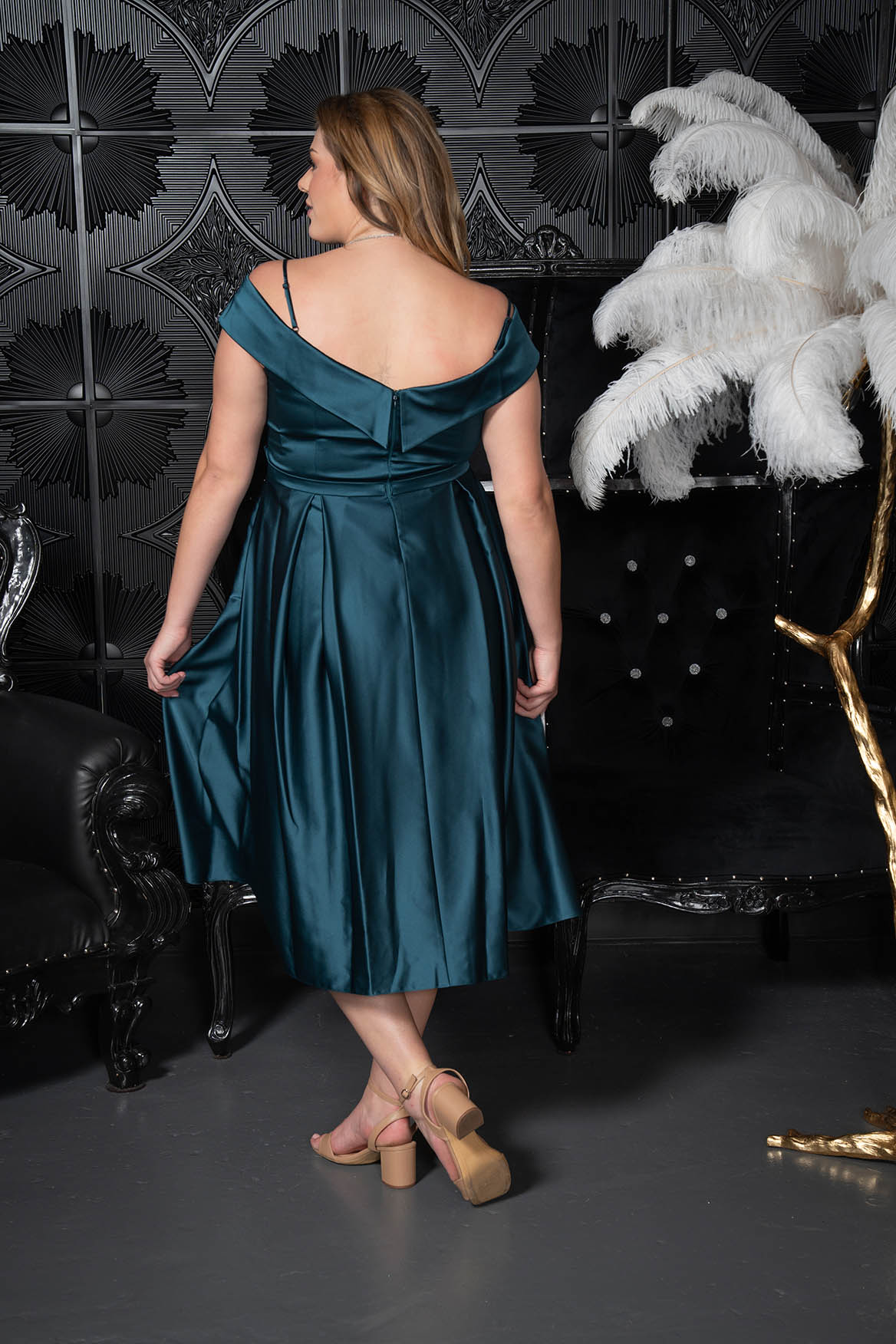 Off-Shoulder Satin Fit Flare Dress Petrol blue