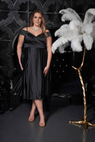 Off-Shoulder Satin Fit Flare Dress Black