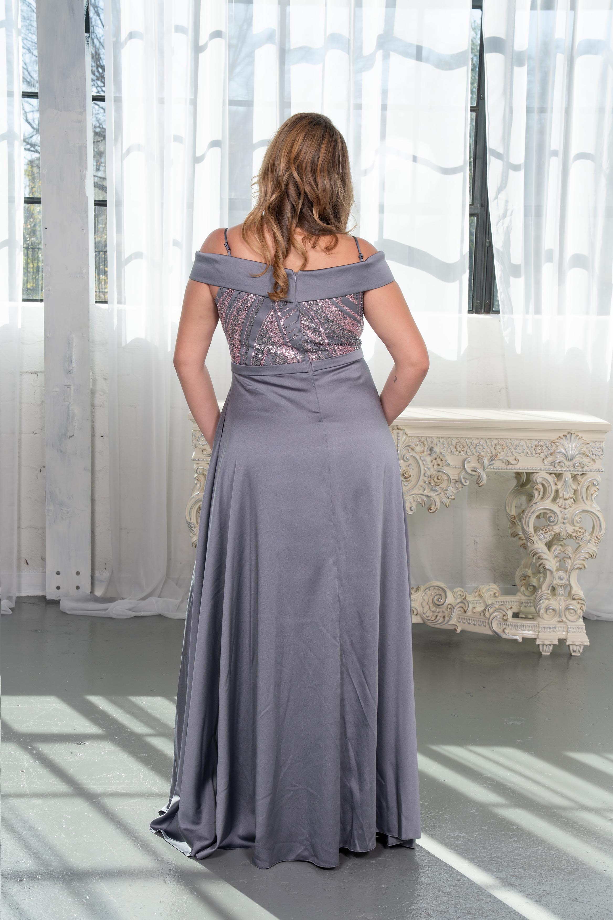 Off-Shoulder Sequin Bodice Satin Slit Gown Charcoal