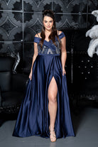 Off-Shoulder Sequin Bodice Satin Slit Gown Navy blue