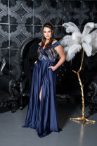 Off-Shoulder Sequin Bodice Satin Slit Gown Navy blue