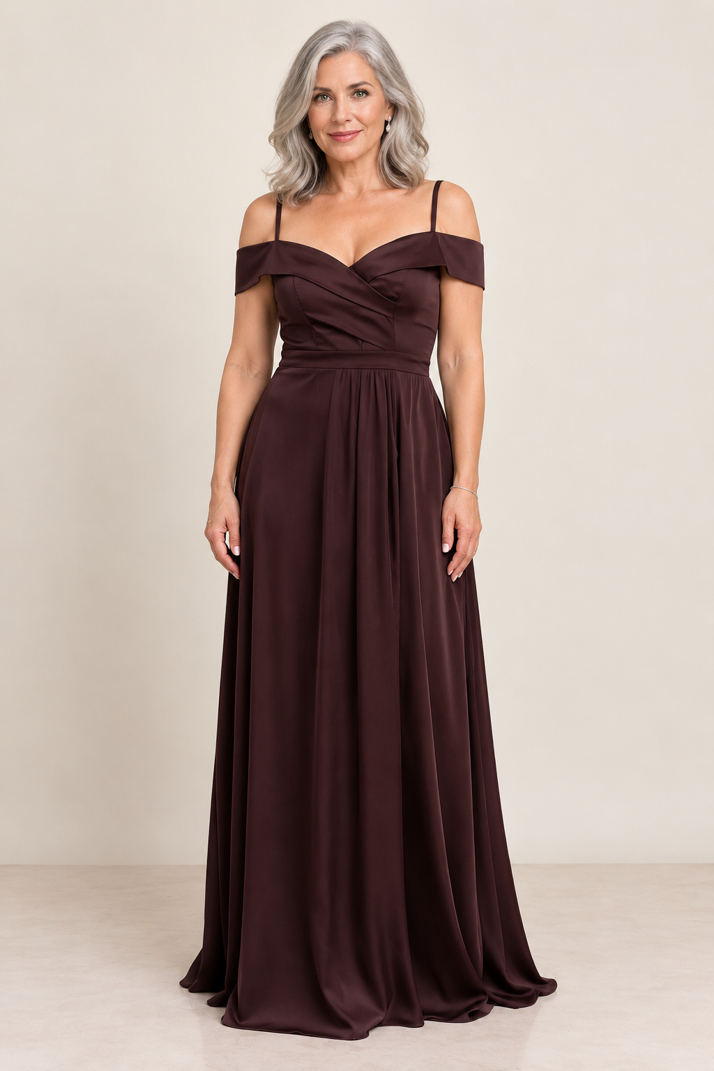 Off Shoulder A-Line Gown with Slit - Brown 1