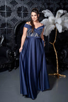 Off Shoulder Sequin Bodice Satin Slit Gown Navy blue