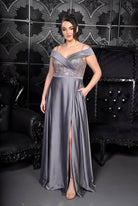 Off Shoulder Sequin Bodice Satin Slit Gown Charcoal