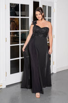 One-Shoulder Floral Appliqué Sequin Gown Black