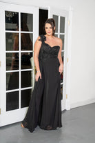 One-Shoulder Floral Appliqué Sequin Gown Black