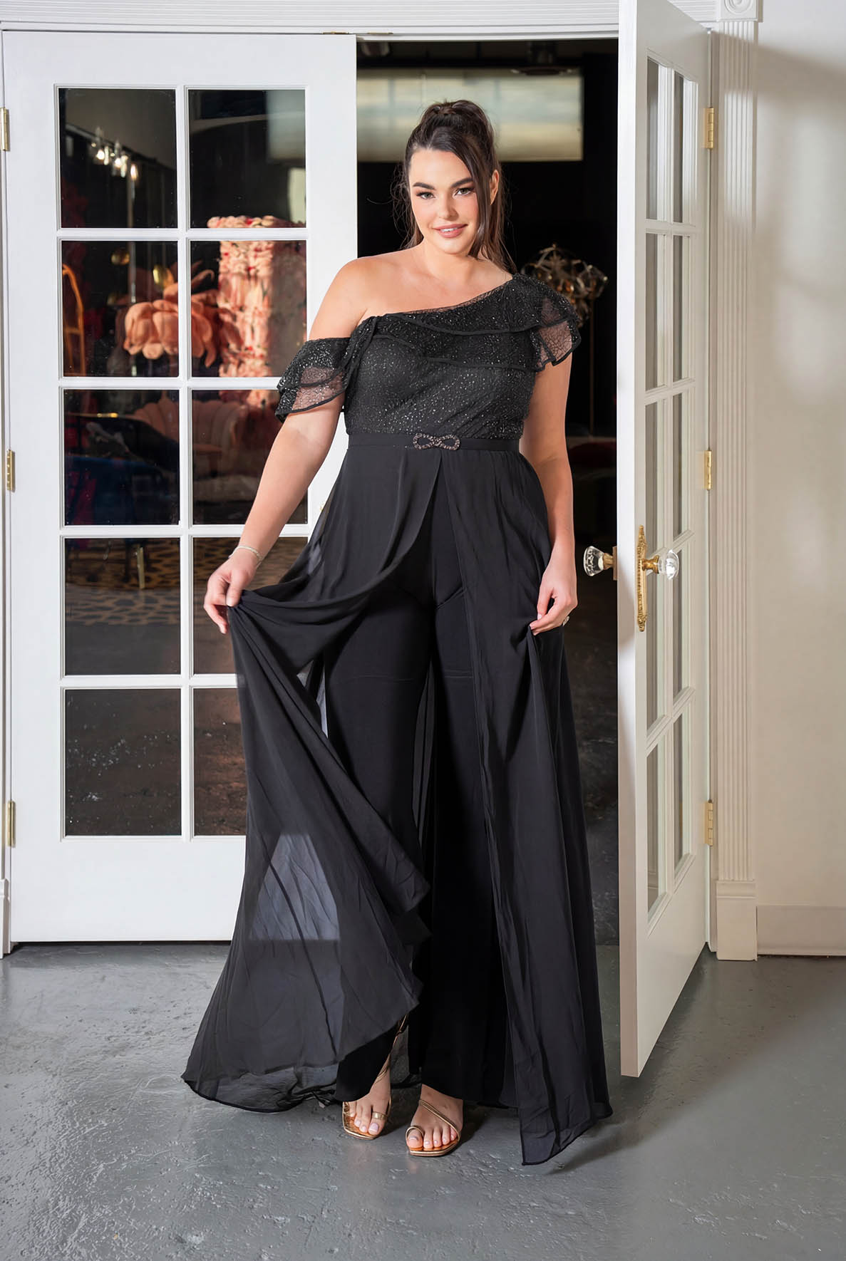 One-Shoulder Ruffle Overlay Jumpsuit Black