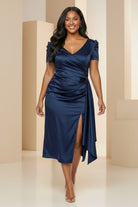 Puff Sleeve Satin Wrap Dress Navy blue