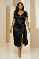 Puff Sleeve Satin Wrap Dress black