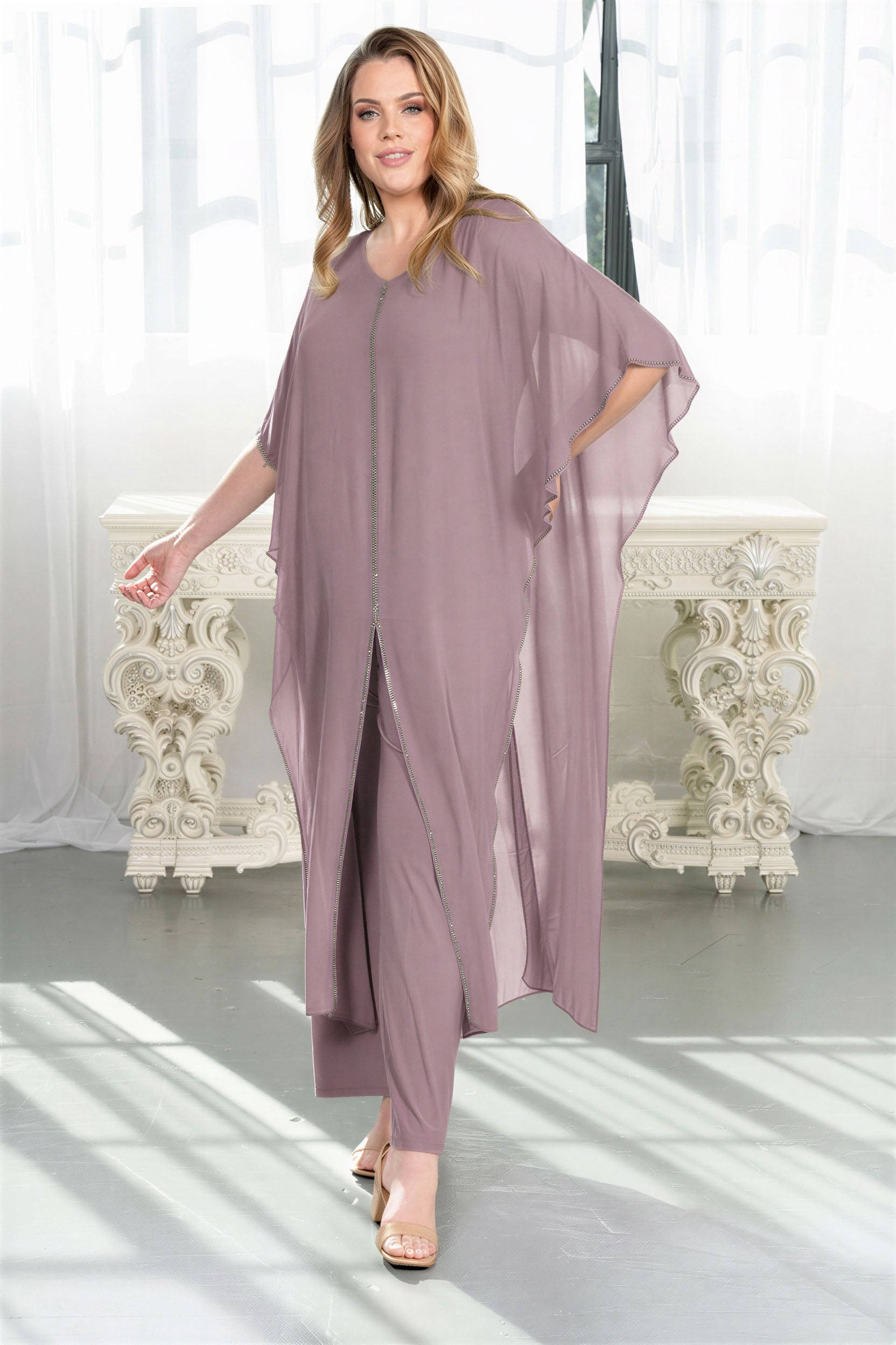 Rhinestone Trim Chiffon Cape Set French purple