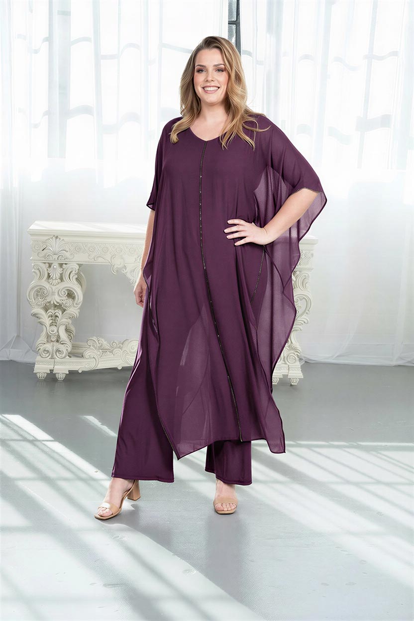 Rhinestone Trim Chiffon Cape Set Eggplant