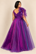 Ruffle Shoulder Tulle Evening Gown pulm