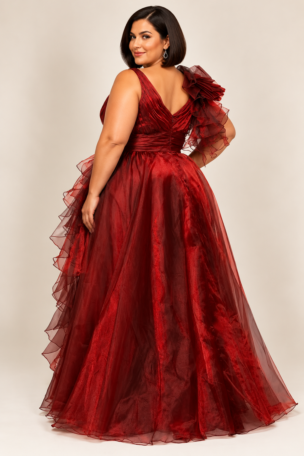 Ruffle Shoulder Tulle Evening Gown wine