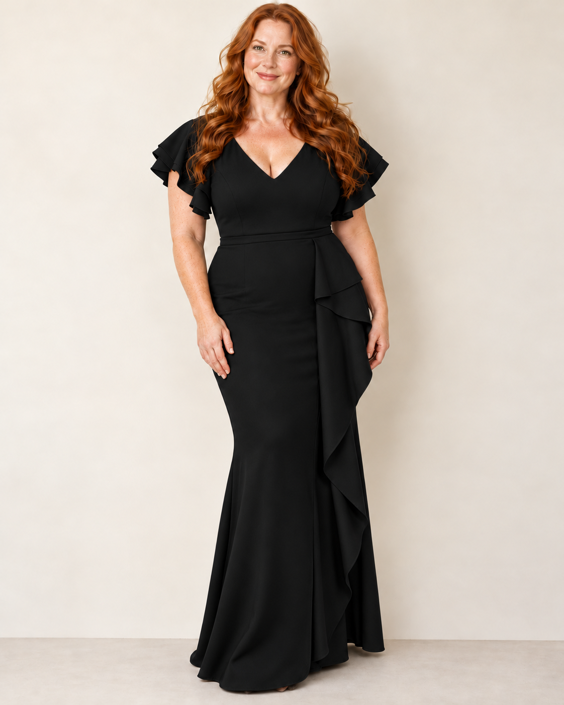 Ruffle Sleeve Draped Crepe Gown black
