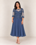 SOLID MOB TEA LENGTH ALINE EMBELLISHED DRESS SLATE BLUE