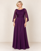 STRETCH CHIFFON FLOOR LENGTH DRESS WITH CAPE PLUM