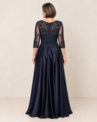 Satin a-line gown with embroidered lace bodice and 3/4 sleeves navy blue