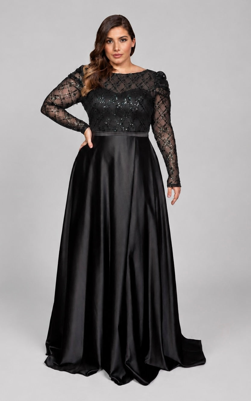 Sequin Bodice Satin Evening Gown black