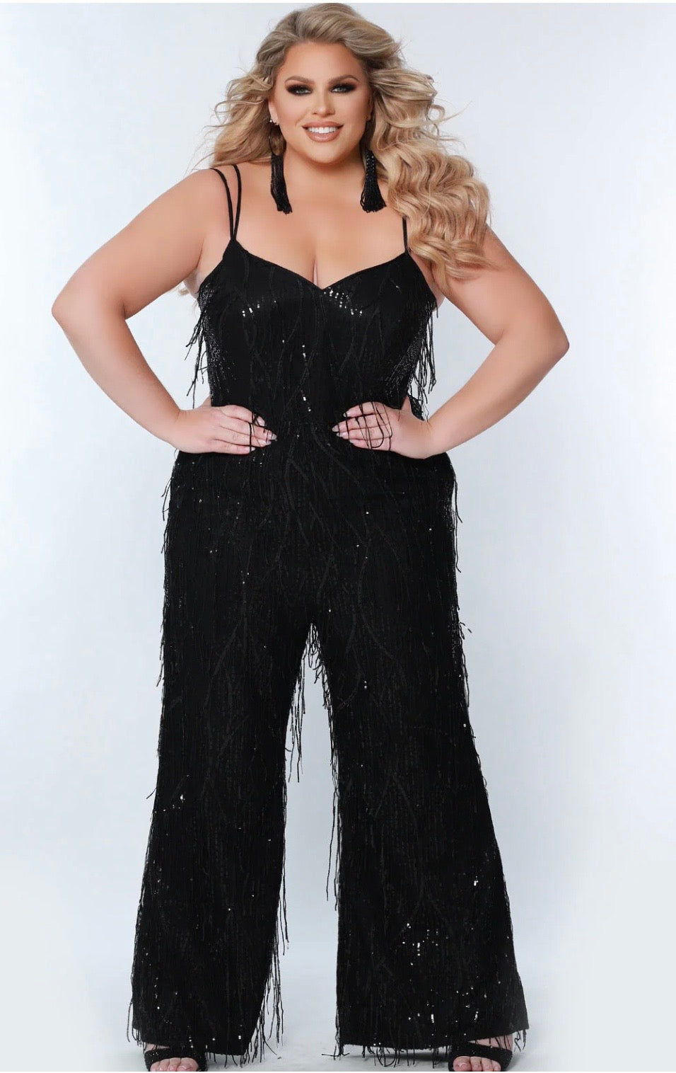 Sequin Fringe Wide-Leg Jumpsuit Black