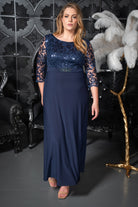 Sequin Lace Bodice Evening Gown Navy blue