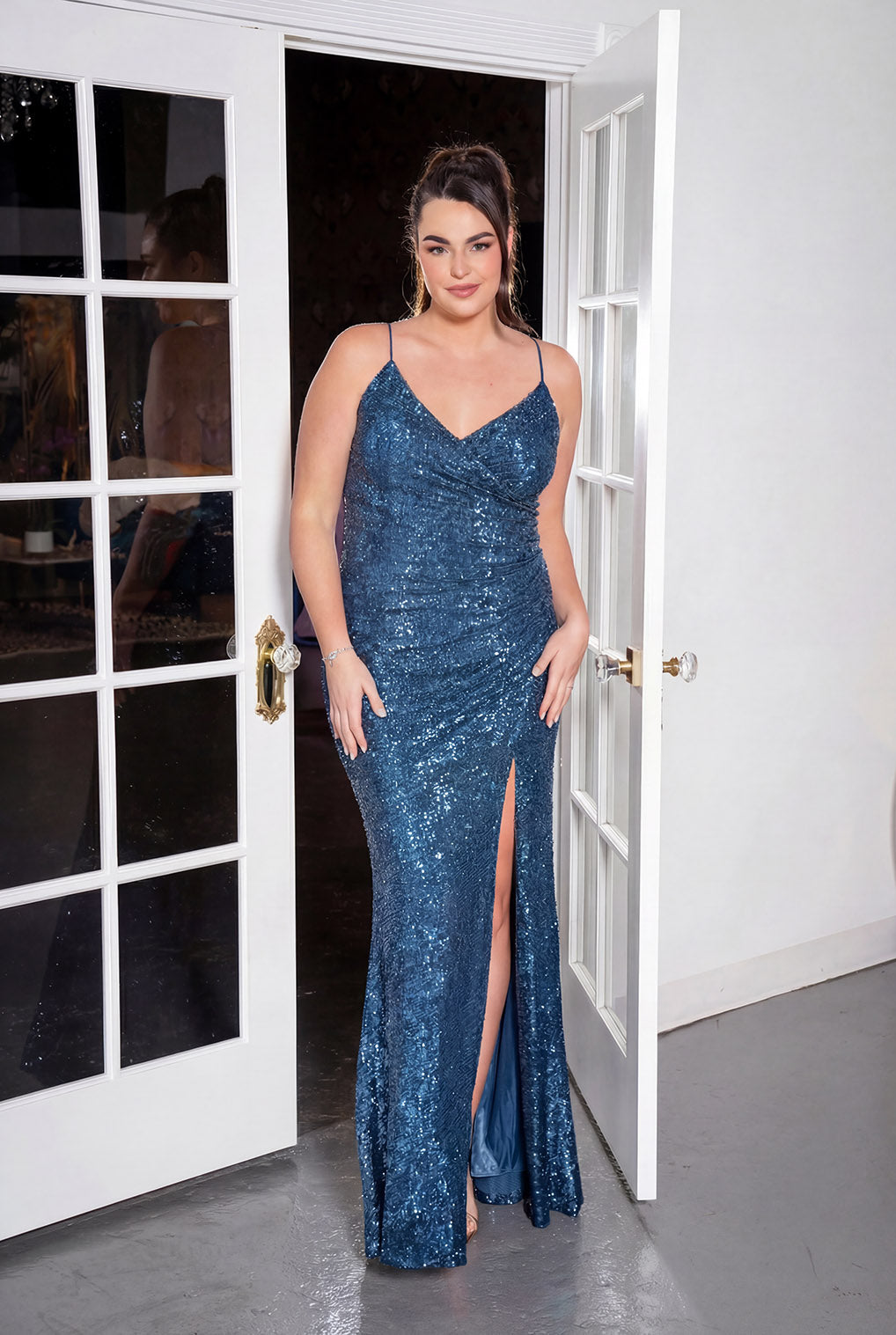 Sequin Wrap Strap Slit Gown Dusty blue