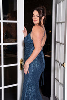 Sequin Wrap Strap Slit Gown Dusty blue