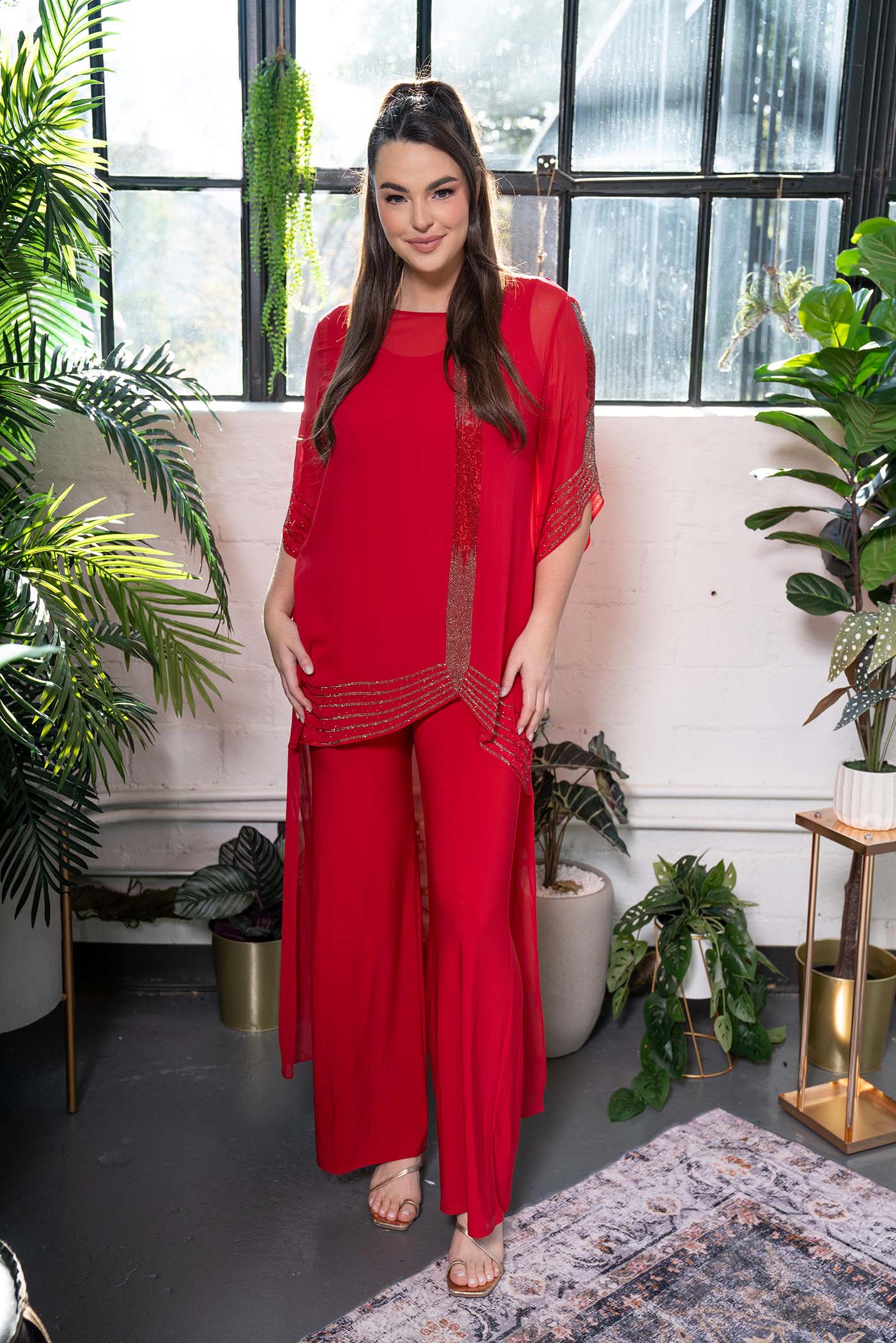 Shimmer-Trim Chiffon Drape Set Red