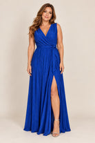 Shimmer Draped Belted Evening Gown royal blue