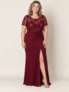 Short Sleeve MOB Sequined Lace and Jersey Gown burgundy