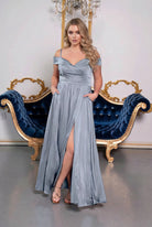 Silky Satin Off Shoulder Evening Dress with Pockets Dusty blue