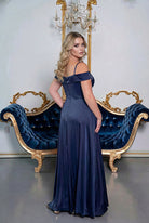 Silky Satin Off Shoulder Evening Dress with Pockets Navy blue