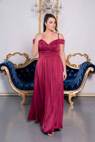 Silky Satin Off Shoulder Evening Dress with Pockets Burgundy