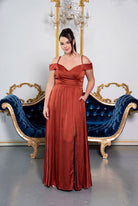 Silky Satin Off Shoulder Evening Dress with Pockets Rust