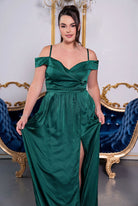 Silky Satin Off Shoulder Evening Dress with Pockets Hunter green