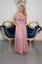 Silky Satin Off Shoulder Evening Dress with Pockets Mauve