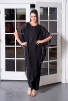 Sparkle-Trim Caftan Evening Gown Black