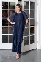 Sparkle-Trim Caftan Evening Gown Navy blue
