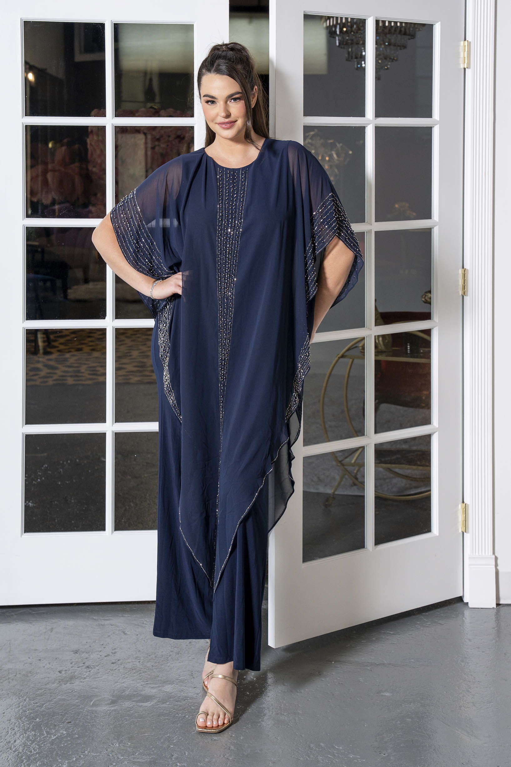 Sparkle-Trim Caftan Evening Gown Navy blue