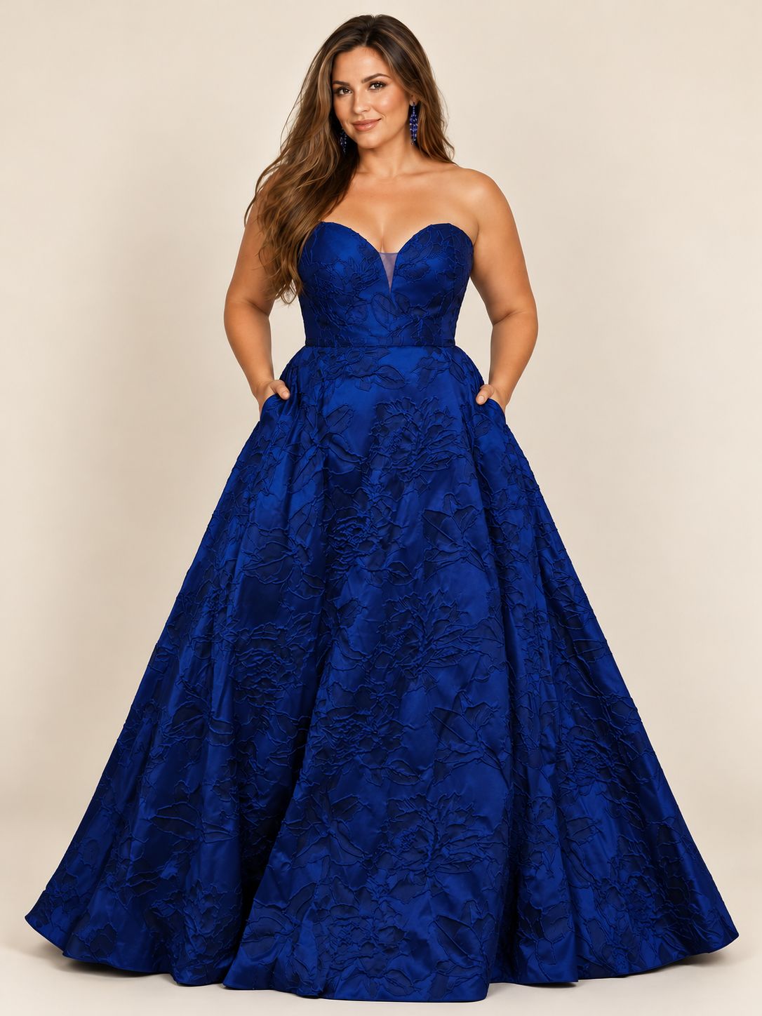 Strapless Jacquard A-Line Formal Gown navy blue