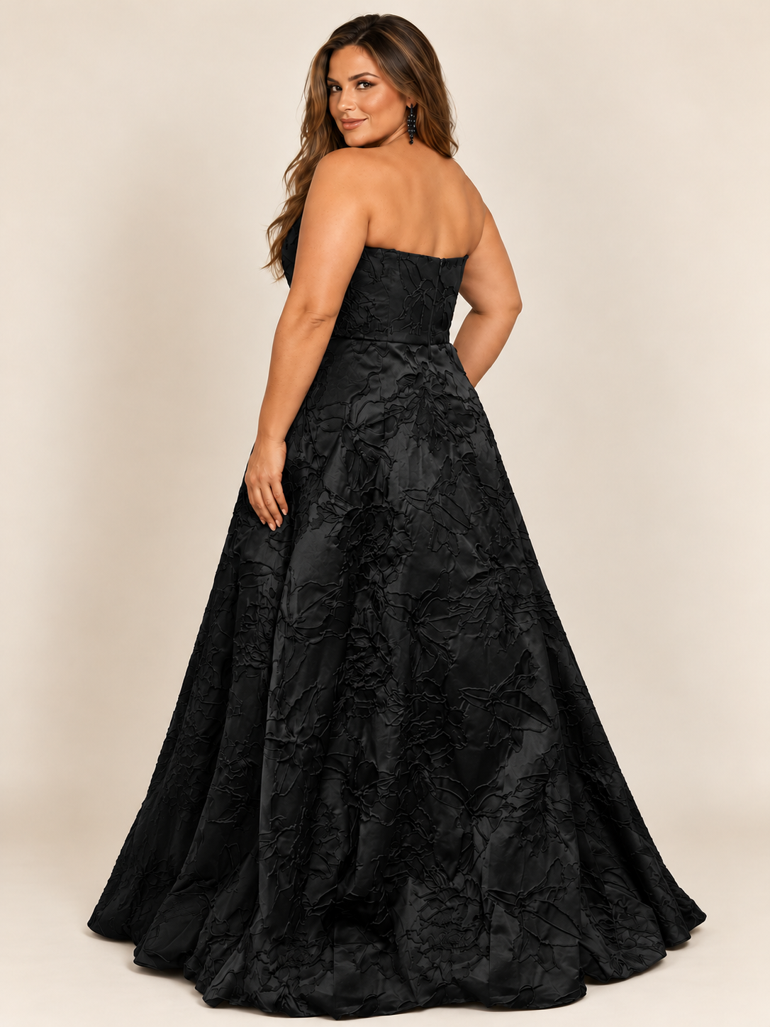 Strapless Jacquard A-Line Formal Gown black
