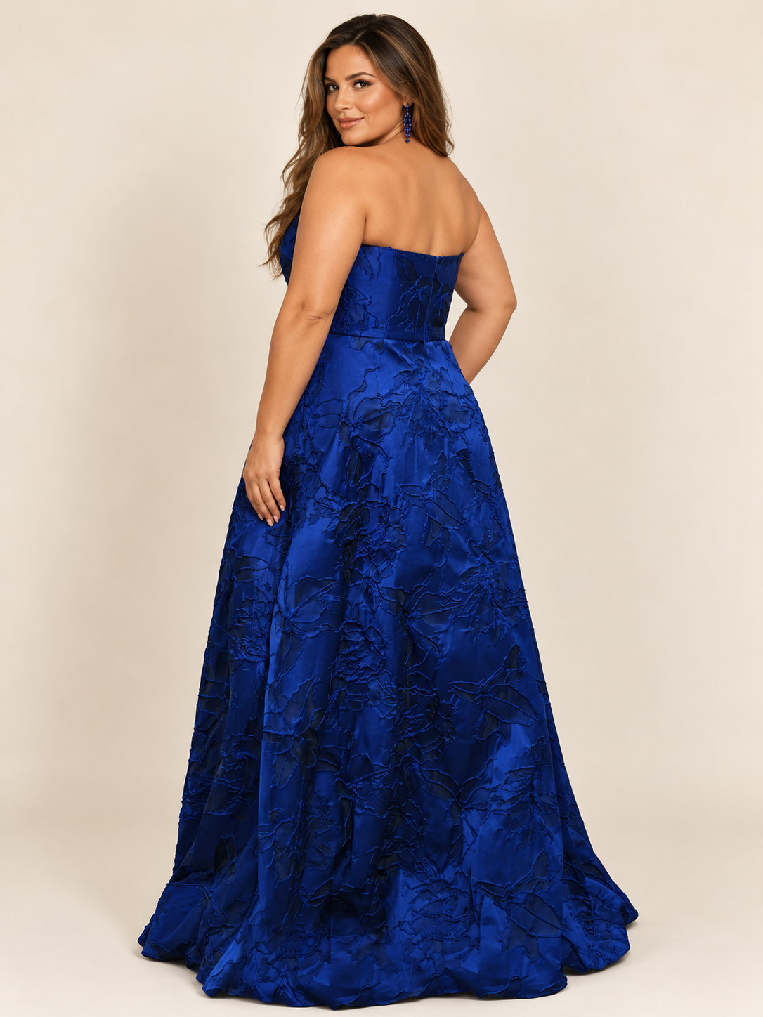 Strapless Jacquard A-Line Formal Gown navy blue