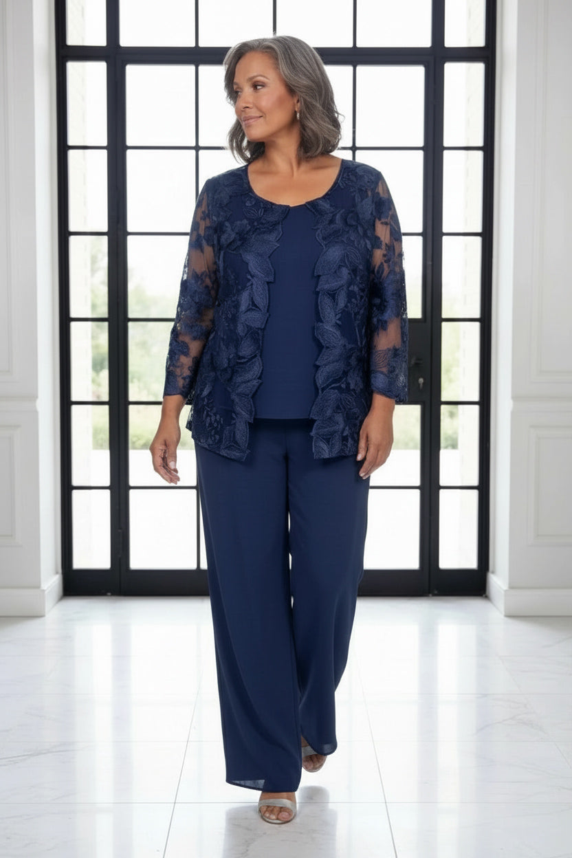 Three-Piece Georgette Pantsuit Set Navy blue