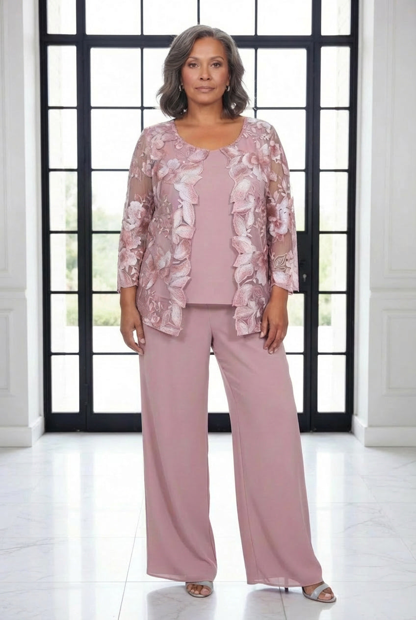 Three-Piece Georgette Pantsuit Set Meuve