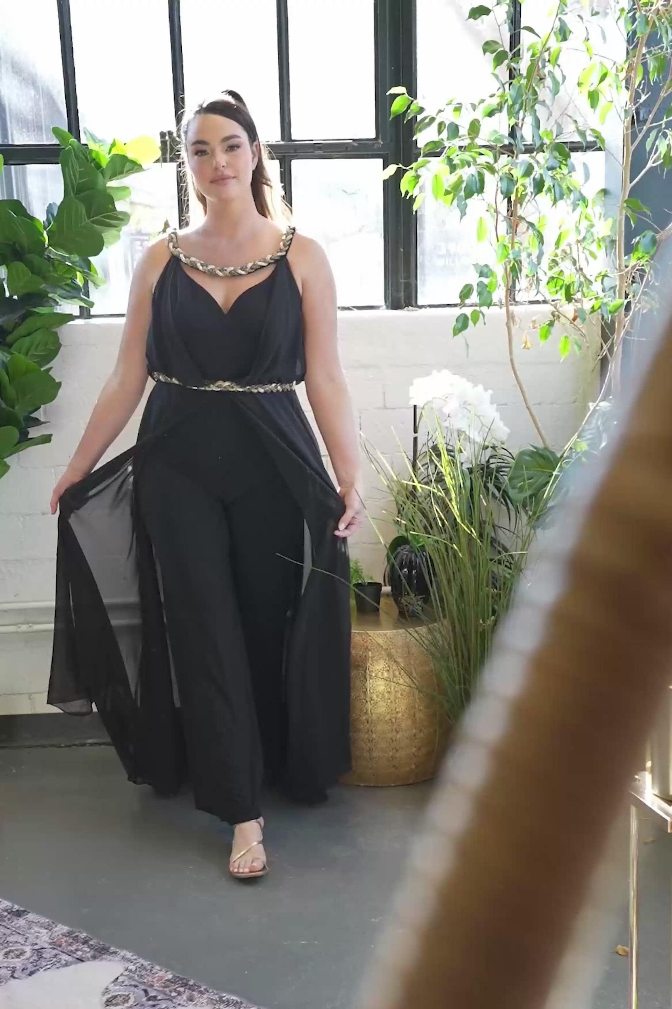 Chain Trim Plunging Drape Jumpsuit