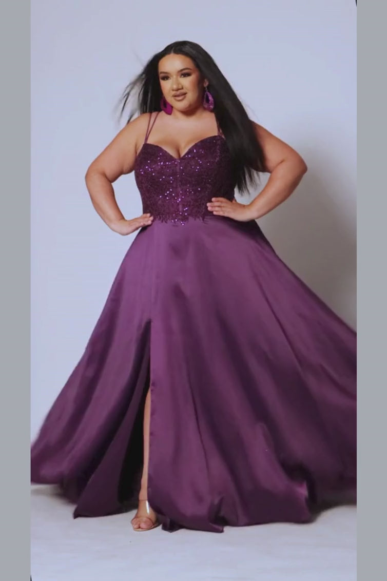 Lace Bodice Satin Slit Gown teal