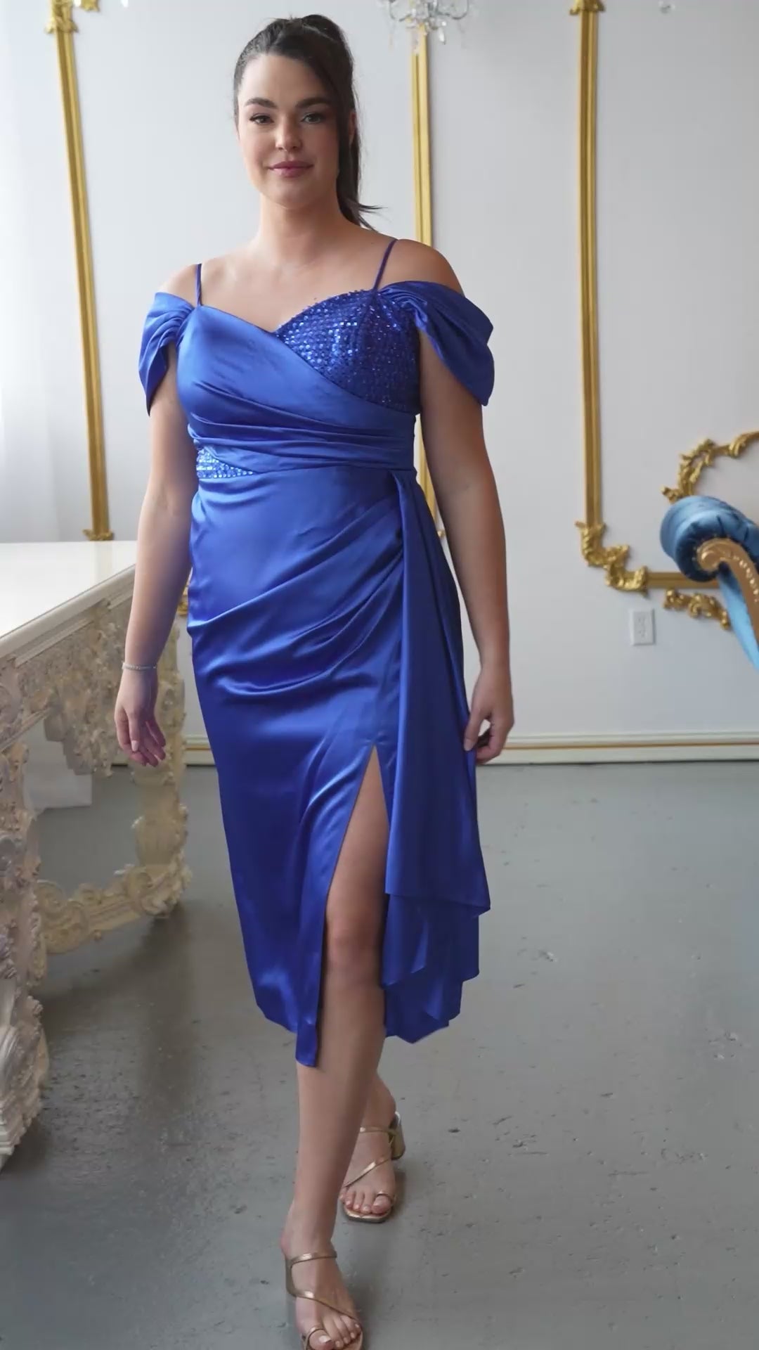 Sequin Inset Satin Draped Dress