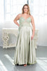 Embroidered Bodice Satin Finish Slit Gown