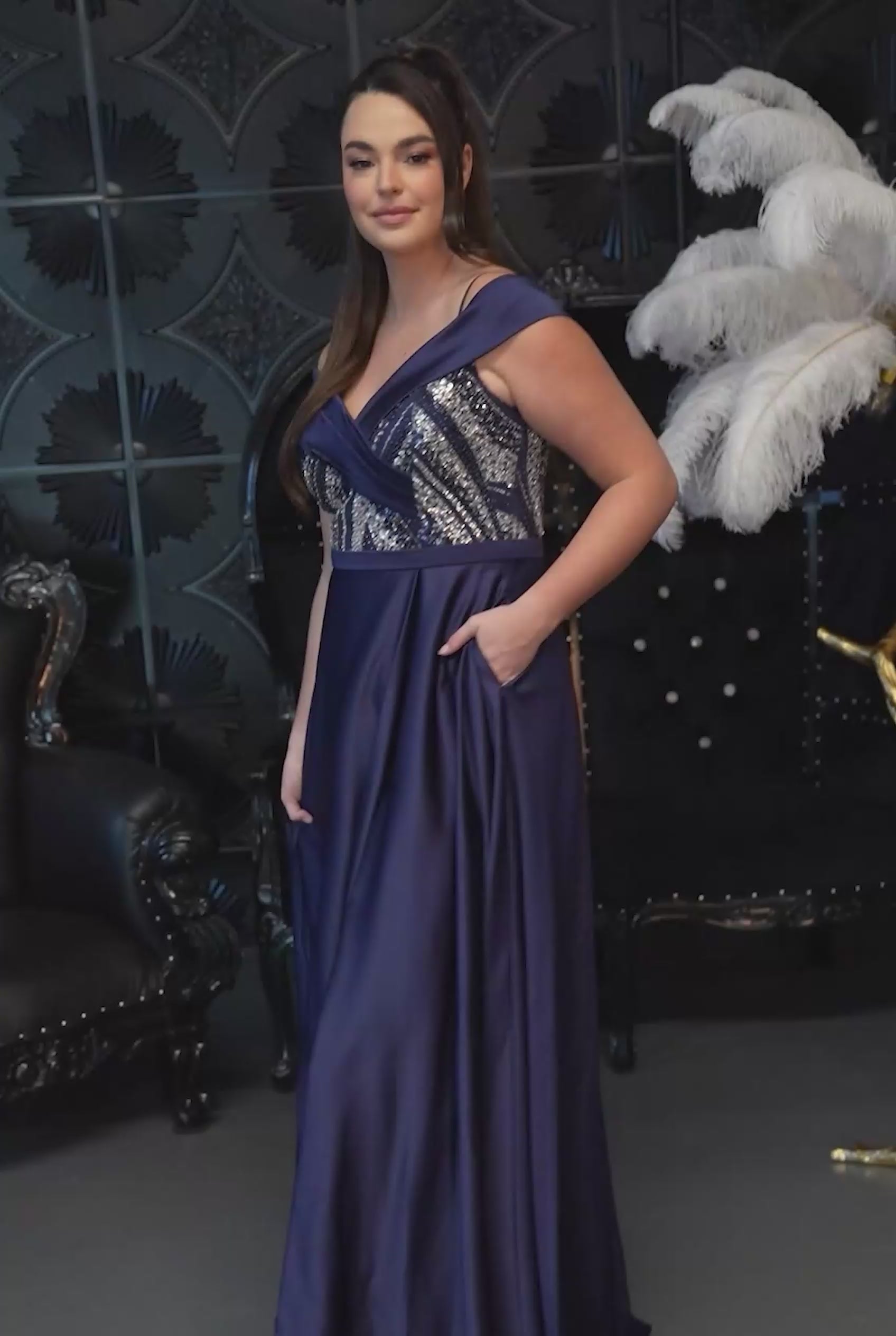 Off Shoulder Sequin Bodice Satin Slit Gown