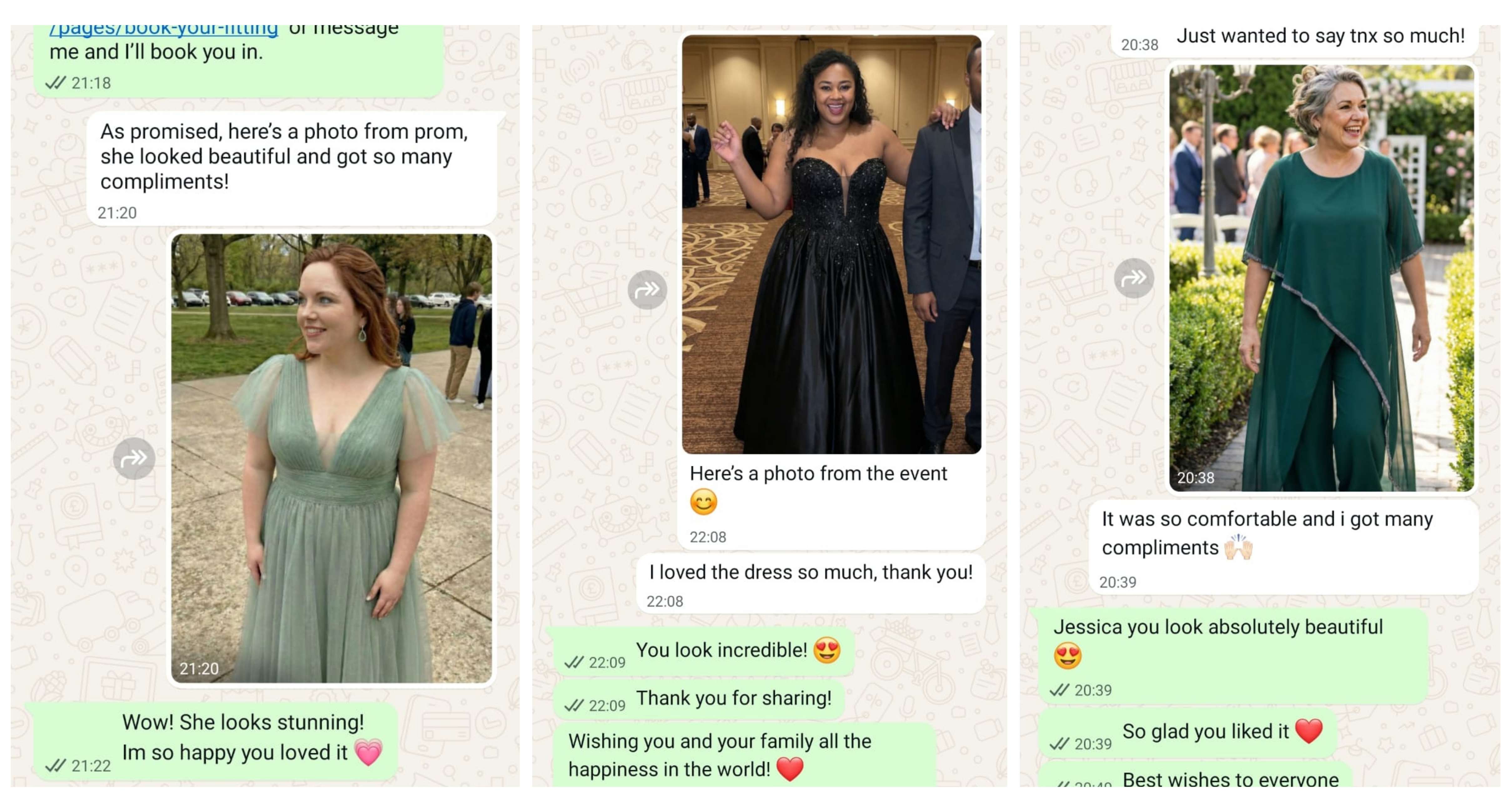 WhatsApp conversations from pleased clients with Galinique's dresses